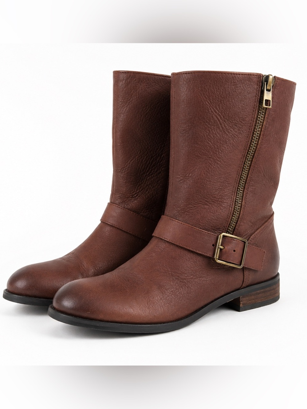 Ann Taylor brown leather mid calf buckle boots Sherpa lined women’s size 9